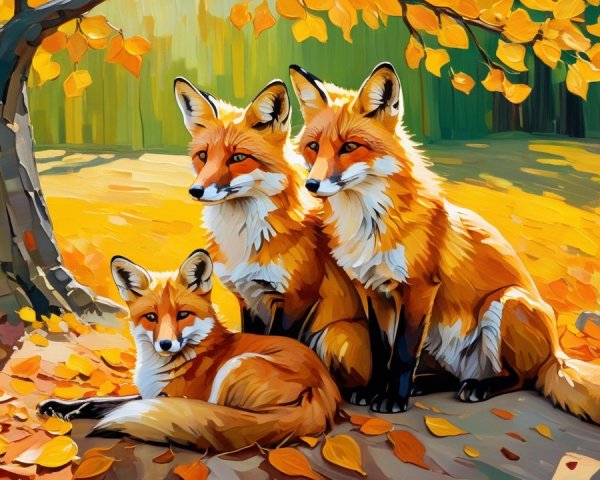 Autumn Scene with Three Resting Foxes Among Leaves