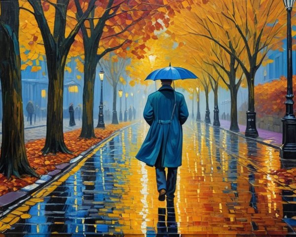 Autumn Scene with Figure on Rainy Street