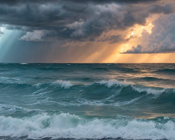 Dramatic Seascape with Turbulent Waves and Stormy Sky
