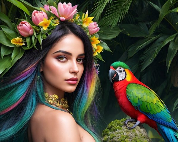 Vibrant Woman with Colorful Hair in Tropical Setting