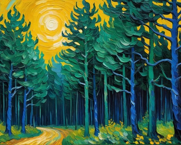 Impressionistic Painting of a Pine Forest Path