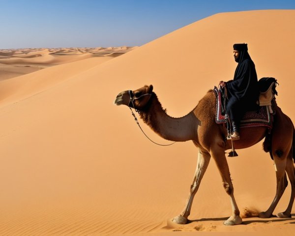 Lone Rider on Camel in Serene Desert Landscape