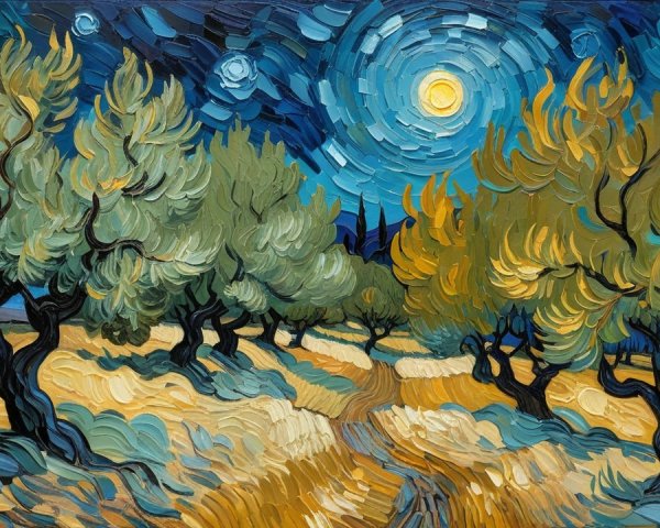 Olive Grove Under Night Sky with Textured Brushstrokes