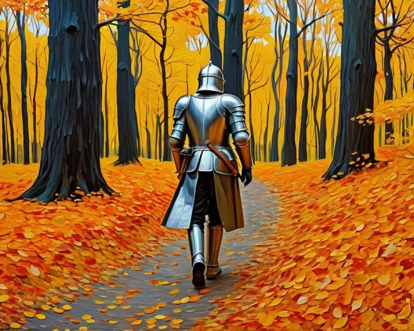 Knight in Armor Walking Through Autumn Forest Path