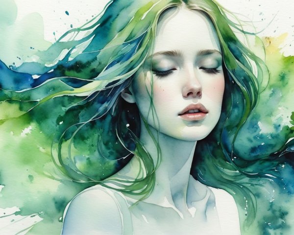Ethereal Young Woman with Flowing Hair and Watercolors