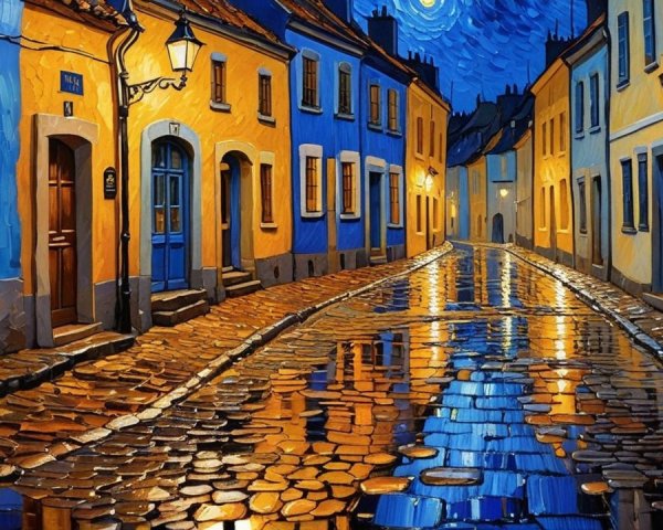 Charming Cobblestone Street with Vibrant Buildings at Night