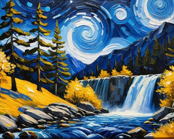 Impasto Painting of Waterfall in Mountainous Forest