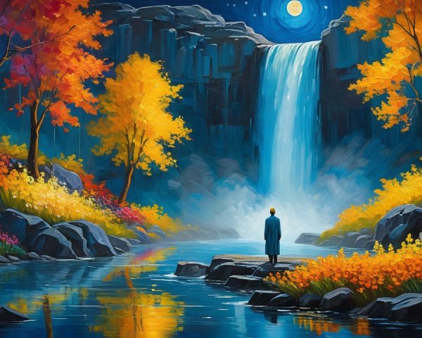 Serene Landscape with Waterfall and Autumn Trees