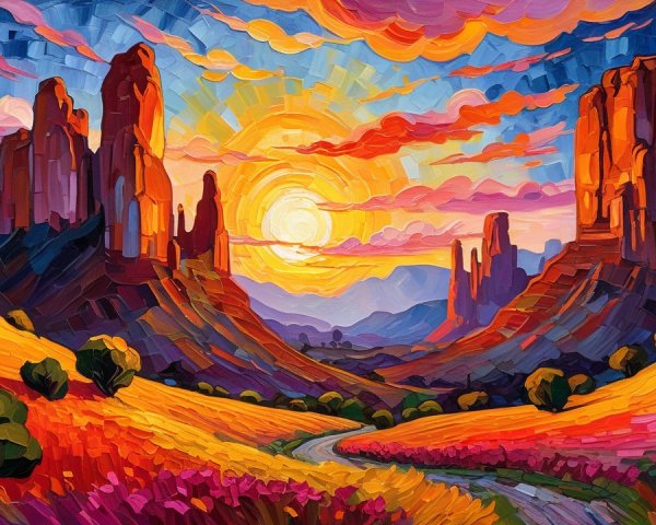 Vibrant Sunset Landscape with Colorful Rock Formations