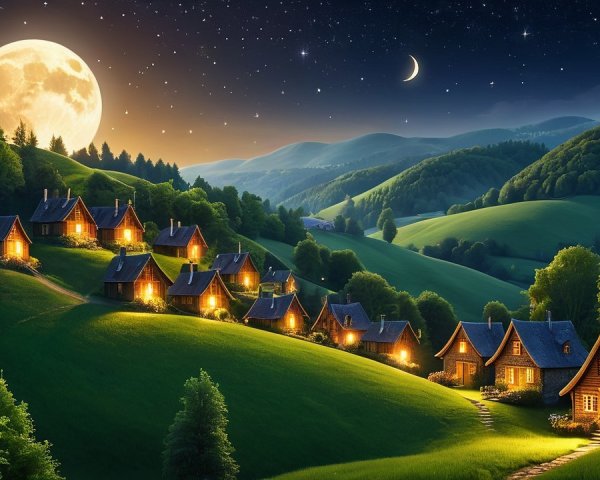 Cozy Cottages in a Dusk Landscape with Moonlight