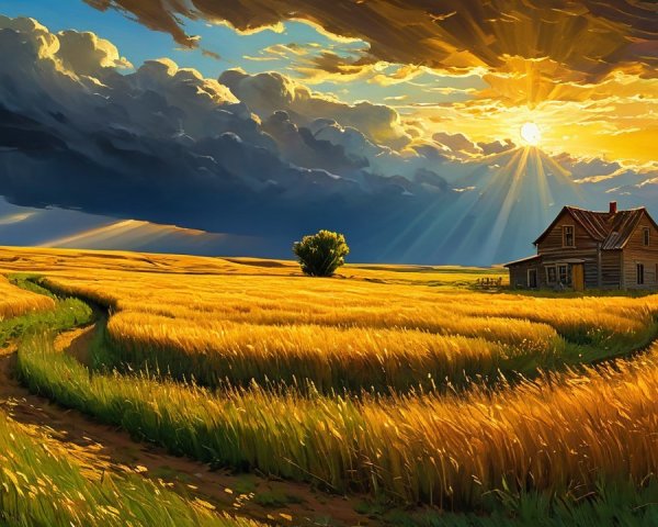 Countryside Sunset with Wheat Fields and Wooden House