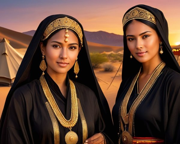 Elegant Women in Traditional Attire at Desert Sunset