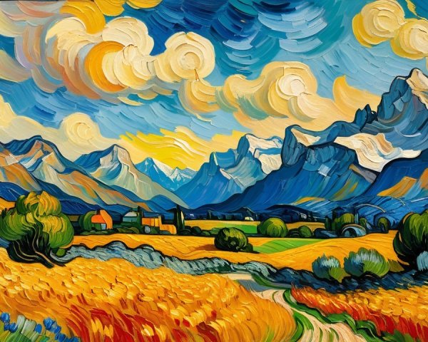 Vibrant Landscape with Golden Fields and Mountains