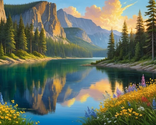 Serene Lake Landscape with Mountains and Wildflowers