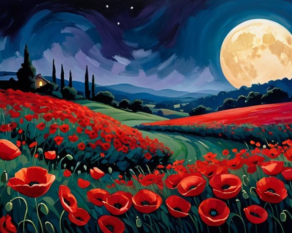 Vibrant Poppy Fields Under a Full Moon Landscape
