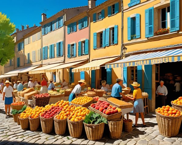 Vibrant Market Scene with Pastel Buildings and Stalls