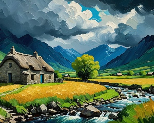 Stone cottage by stream in scenic mountain landscape
