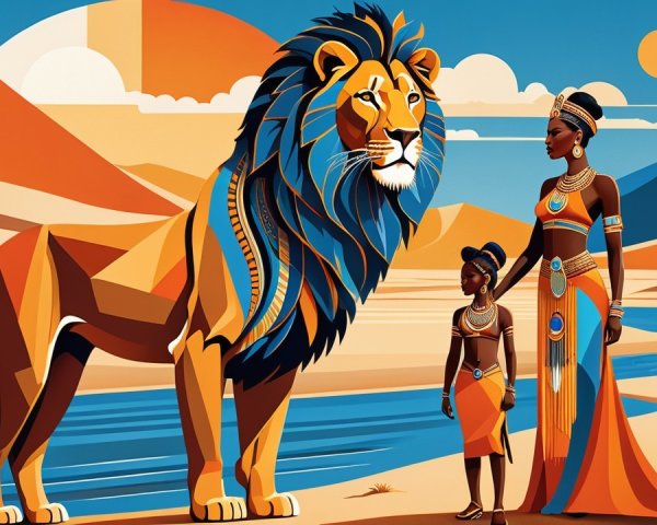 Desert Landscape with Lion and Traditional Attire