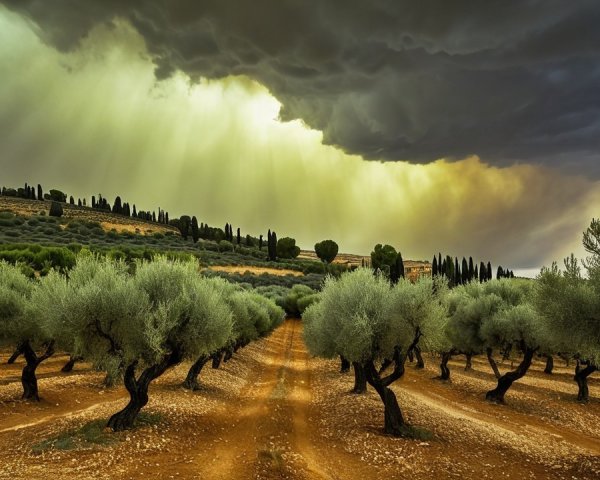 Olive Tree Landscape Under Dramatic Cloudy Sky