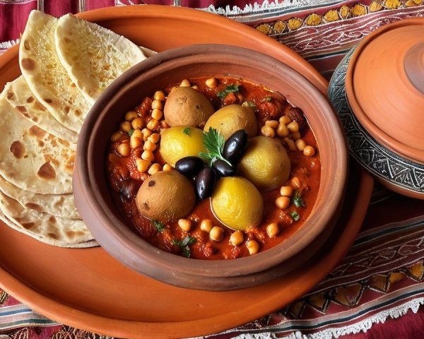 Vibrant Clay Pot with Spiced Chickpea Stew and Flatbreads