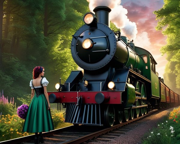Vintage steam train in a lush forest setting