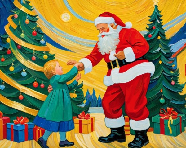 Stylized painting of Santa Claus and girl by Christmas tree