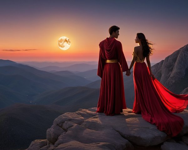 Couple in Elegant Robes Overlooking Mountain Landscape