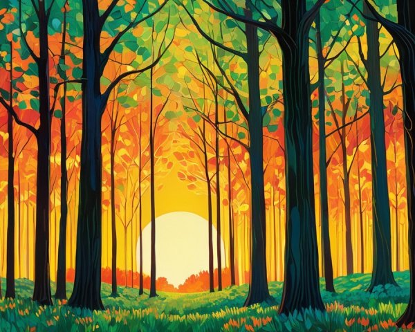 Vibrant Autumn Forest Scene with Tall Trees and Sunlight