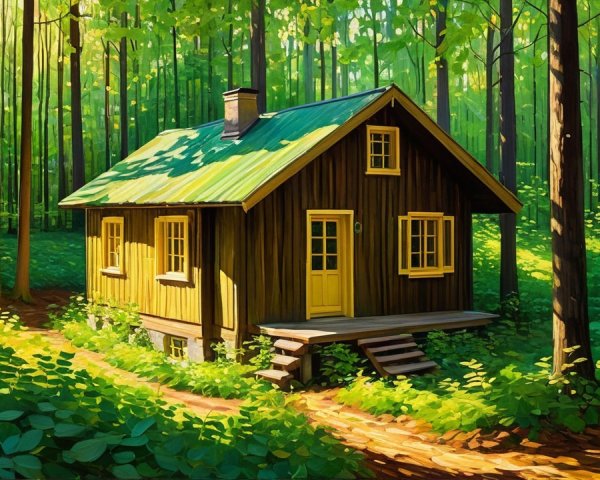 Wooden Cottage Surrounded by Lush Forest and Sunlight