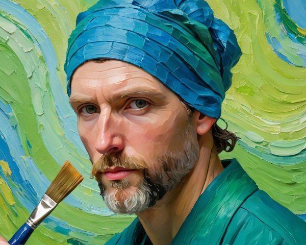 Portrait of a Male Figure in Teal Attire with Brush