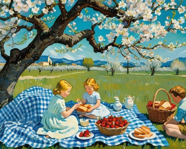 Picnic Scene Under Blossoming Tree with Children