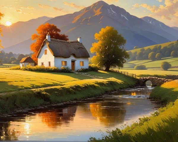 Rural Landscape with Cottage and Serene Canal