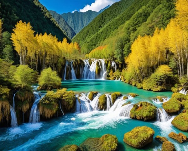 Vibrant Waterfalls and Turquoise Lake Landscape