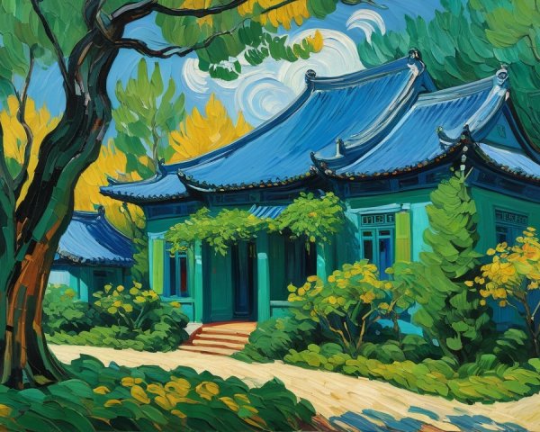 Impressionistic Painting of Teal House in Lush Garden