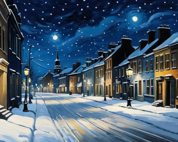 Snowy Winter Street Scene with Warm Street Lamps