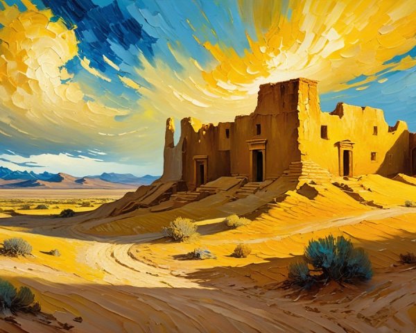 Vibrant Desert Landscape with Ancient Ruins and Sky