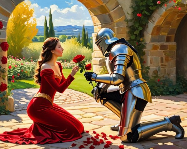 Knight and Woman in Romantic Garden Setting