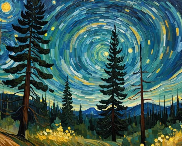 Swirling Night Sky with Evergreen Silhouettes