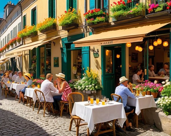 Charming Cobblestone Street with Vibrant Cafés and Dining