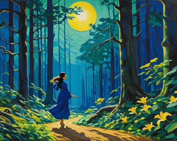 Woman in Blue Dress Walking on Forest Path