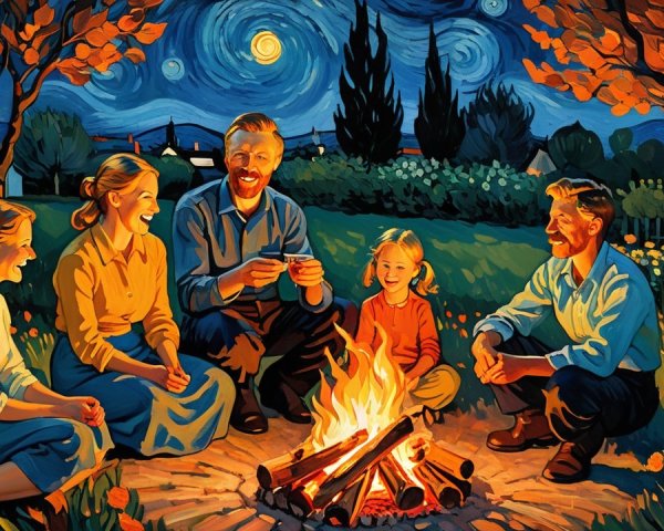 Campfire Gathering Under Starlit Sky with Figures