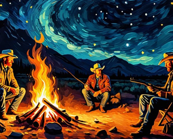 Cowboys by Campfire Under Starry Night Sky