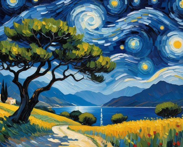 Vibrant Oil Painting of Twilight Landscape with Stars