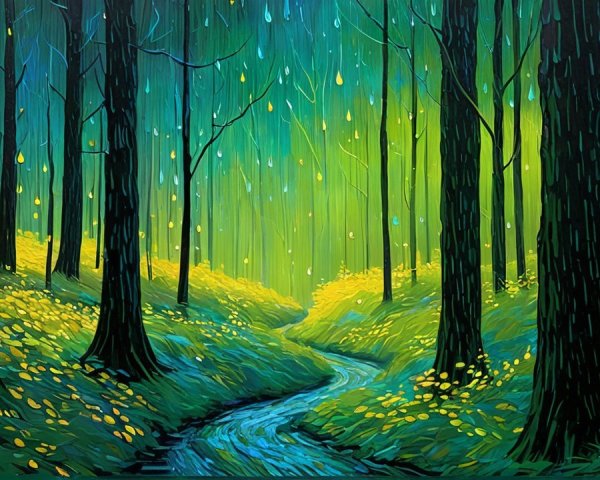 Vibrant forest scene with trees, flowers, and stream