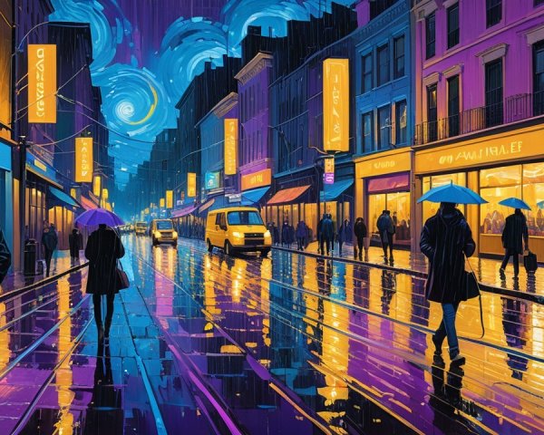 Vibrant City Street at Night with Neon Lights