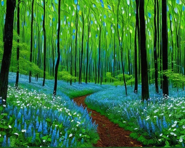 Vibrant Forest Scene with Lush Greenery and Flowers