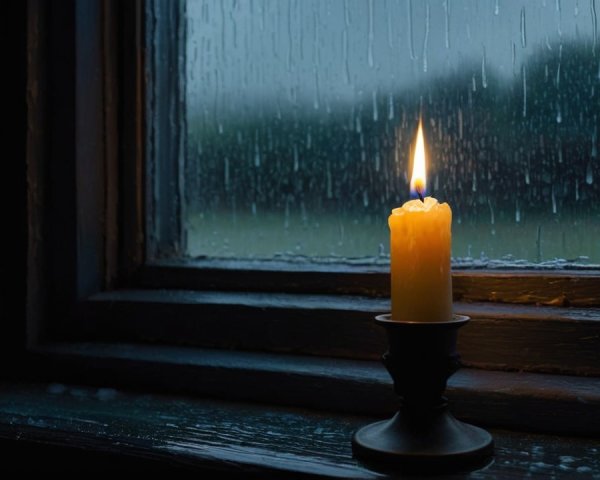 Cozy Yellow Candle and Rainy Window View Description