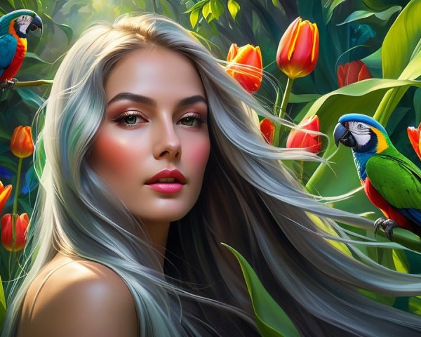 Young woman with silver hair in a vibrant tulip garden