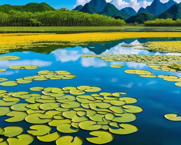 Tranquil Lake Surrounded by Lush Greenery and Mountains