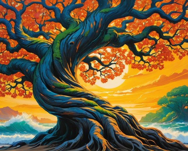 Majestic Tree with Orange Leaves at Sunset Scene